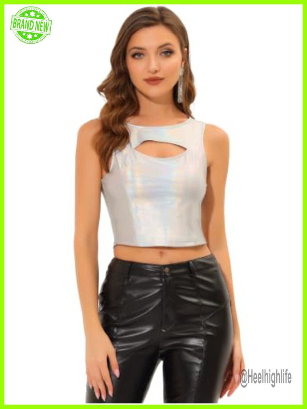 Metallic Crop Top Sleeveless Cut Out Party Clubwear Holographic Tank Top